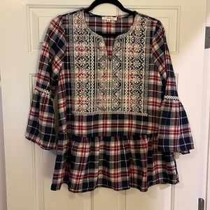 Flannel Peplum Embroidered Top- size medium